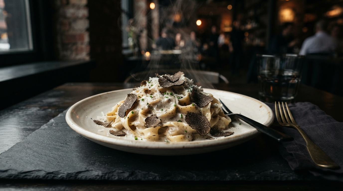 Freshly made steaming pasta in a moody industrial kitchen.